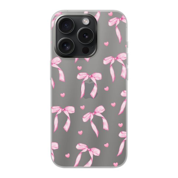 Funda flexible iPhone 15 Pro con lazos y corazones rosas