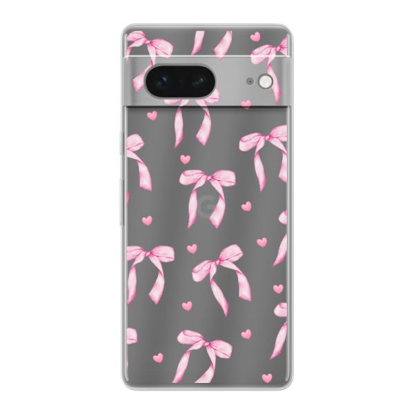 Flexible Google Pixel 7 Hülle mit rosa Schleifen und Herzen