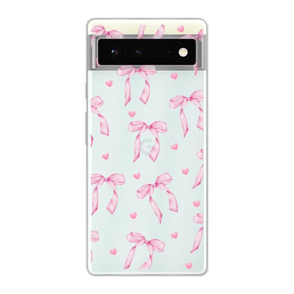 Flexible Google Pixel 6 Hülle mit rosa Schleifen und Herzen