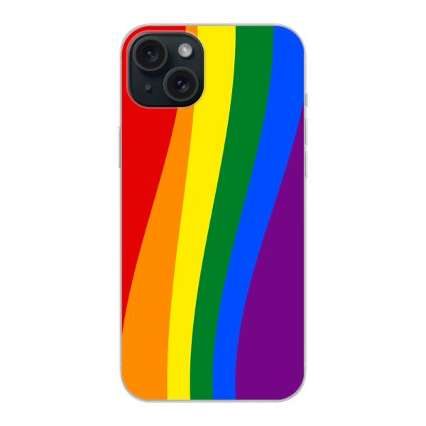 Flexibel iPhone 15 Plus hoesje met Regenboogvlag - Klassieke Pride Vlag Subtitel