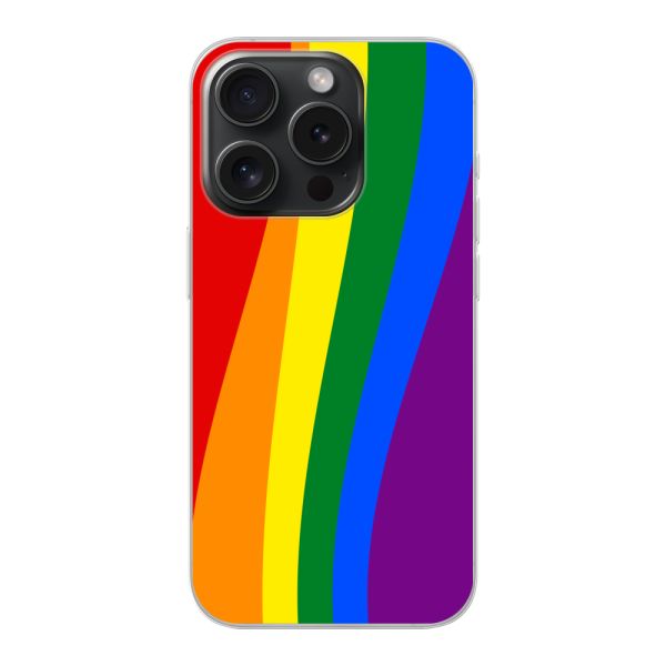 Flexibel iPhone 15 Pro hoesje met Regenboogvlag - Klassieke Pride Vlag Subtitel