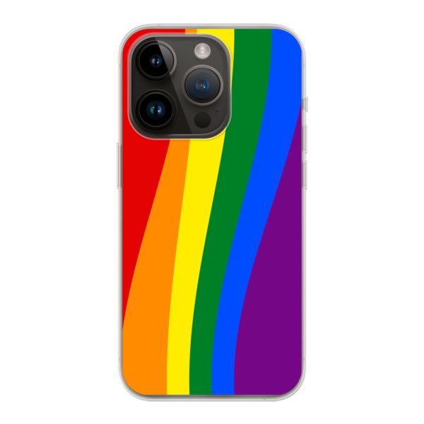 Flexibel iPhone 14 Pro hoesje met Regenboogvlag - Klassieke Pride Vlag Subtitel
