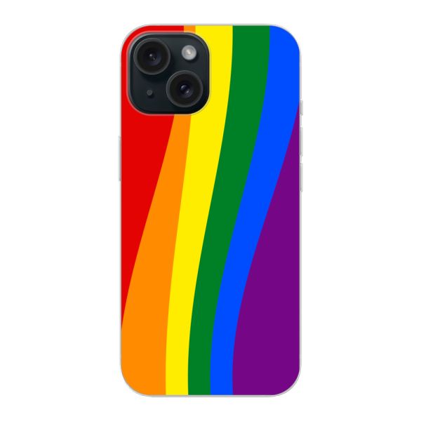 Flexibel iPhone 15 hoesje met Regenboogvlag - Klassieke Pride Vlag Subtitel