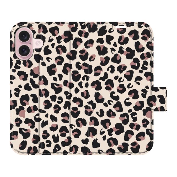 Volledig bedrukt iPhone 16 portemonnee hoesje met Panterprint - Luipaardprint Beige Roze