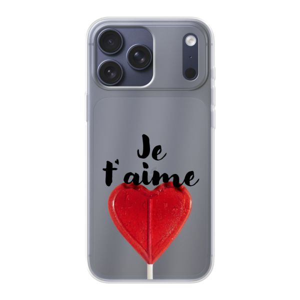 Coque iPhone 17 Pro Max flexible avec sucette en forme de cœur - Je t'aime
