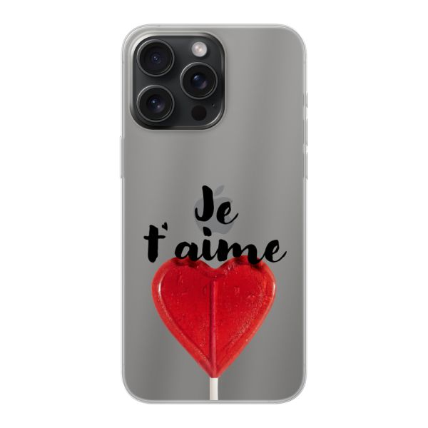 Coque iPhone 15 Pro Max flexible avec sucette en forme de cœur - Je t'aime