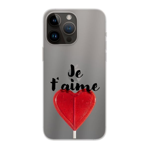 Coque iPhone 14 Pro Max flexible avec sucette en forme de cœur - Je t'aime