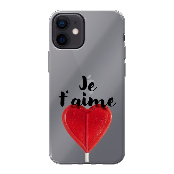 Coque iPhone 12 mini flexible avec sucette en forme de cœur - Je t'aime