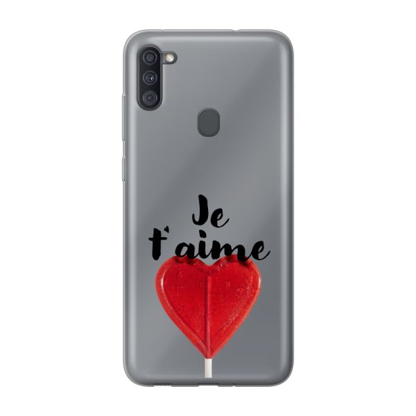Coque Samsung Galaxy A11 flexible avec sucette en forme de cœur - Je t'aime