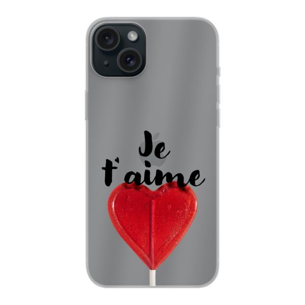 Coque iPhone 15 Plus flexible avec sucette en forme de cœur - Je t'aime