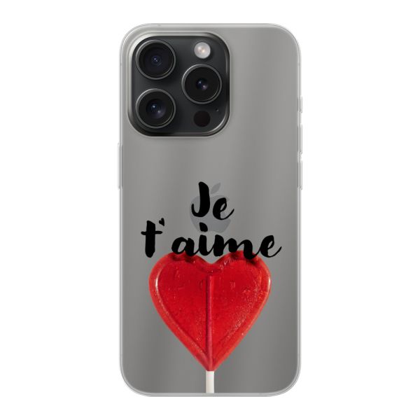 Coque iPhone 15 Pro flexible avec sucette en forme de cœur - Je t'aime
