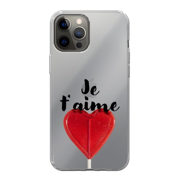 Coque iPhone 12 Pro Max flexible avec sucette en forme de cœur - Je t'aime