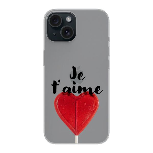 Coque iPhone 15 flexible avec sucette en forme de cœur - Je t'aime