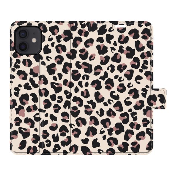 Volledig bedrukt iPhone 12 / 12 Pro portemonnee hoesje met Panterprint - Luipaardprint Beige Roze