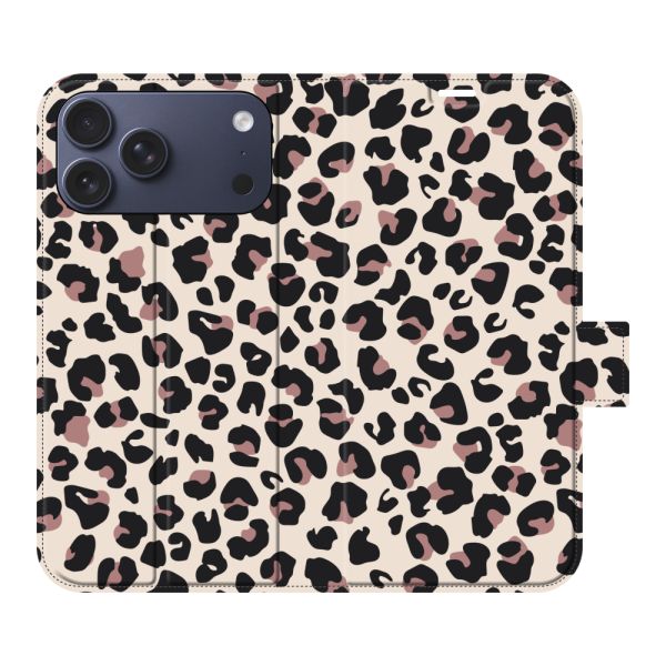 Coque portefeuille iPhone 18 Pro Max entièrement imprimée avec Imprimé panthère - Imprimé léopard Beige Rose