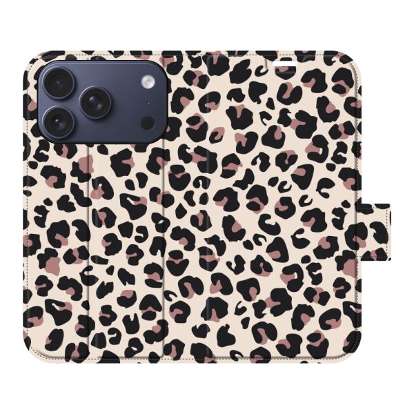 Coque portefeuille iPhone 18 Pro entièrement imprimée avec Imprimé panthère - Imprimé léopard Beige Rose
