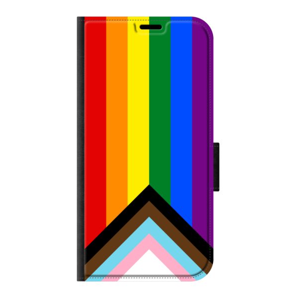 Voorkant bedrukt Samsung Galaxy S24 portemonnee hoesje met Regenboog Vlag - Progress Pride Vlag