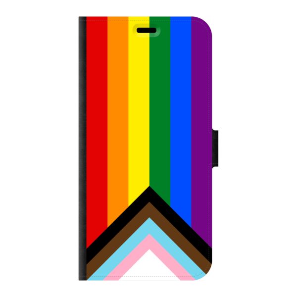 Vorne bedrucktes iPhone 15 Pro Max Portemonnaie-Case mit Regenbogen-Flagge - Progress-Pride-Flagge