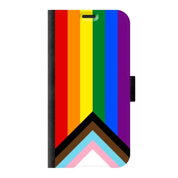 Voorkant bedrukt iPhone SE (2020 & 2022) portemonnee hoesje met Regenboog Vlag - Progress Pride Vlag
