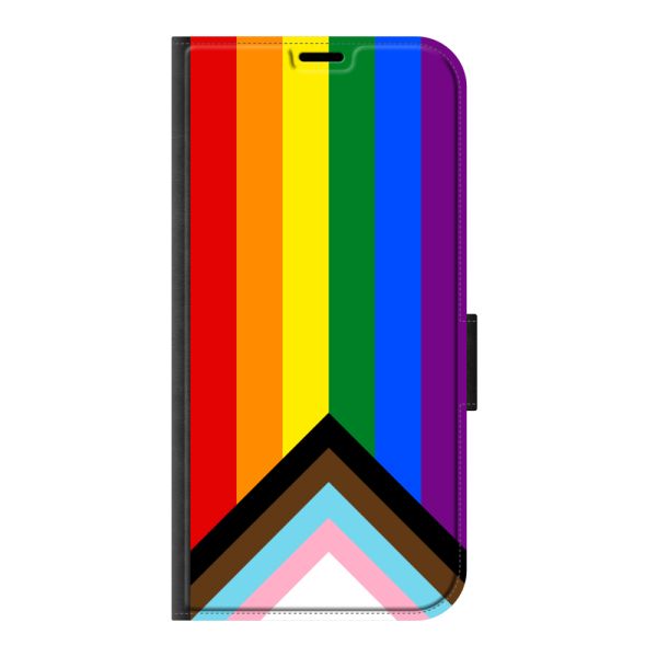 Coque portefeuille Samsung Galaxy S24 Plus imprimée sur la face avant avec drapeau arc-en-ciel - drapeau Progress Pride