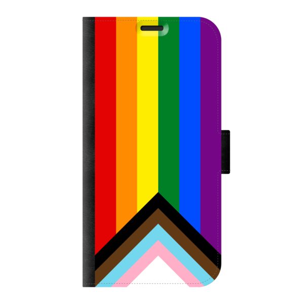 Vorne bedrucktes iPhone 14 Pro Max Portemonnaie-Case mit Regenbogen-Flagge - Progress-Pride-Flagge