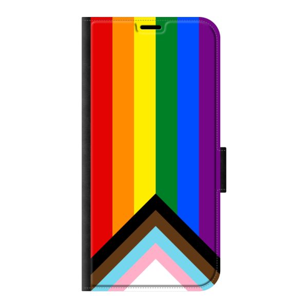Funda cartera iPhone 16 Pro Max con impresión en la parte delantera con bandera arcoíris - bandera Progress Pride