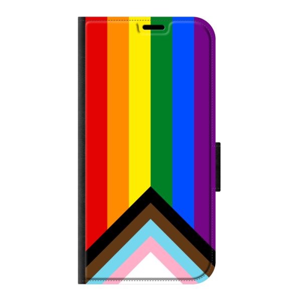 Funda cartera iPhone 15 Pro con impresión en la parte delantera con bandera arcoíris - bandera Progress Pride