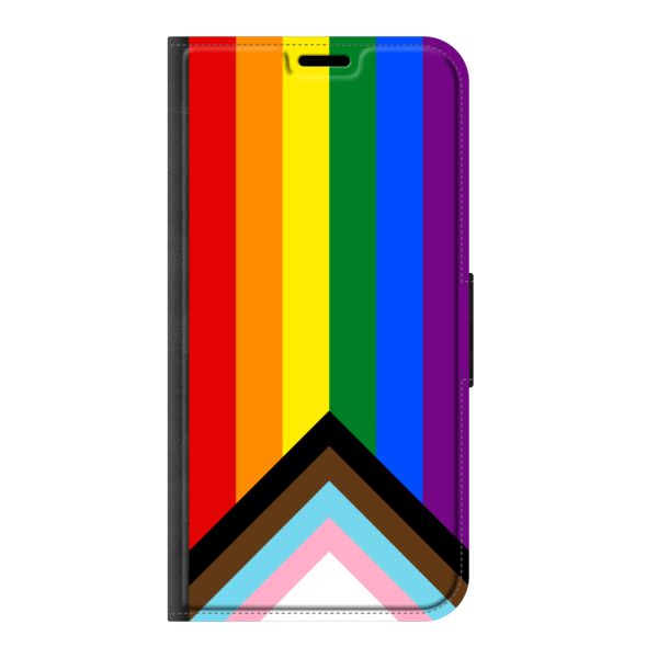 Vorne bedrucktes iPhone 13 mini Portemonnaie-Case mit Regenbogen-Flagge - Progress-Pride-Flagge