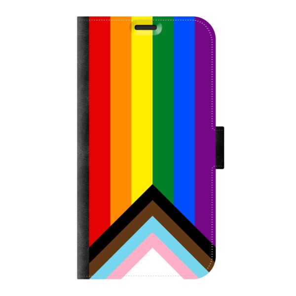 Vorne bedrucktes iPhone Xr Portemonnaie-Case mit Regenbogen-Flagge - Progress-Pride-Flagge
