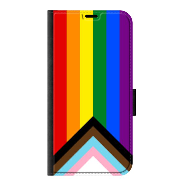 Voorkant bedrukt iPhone 16 Plus portemonnee hoesje met Regenboog Vlag - Progress Pride Vlag