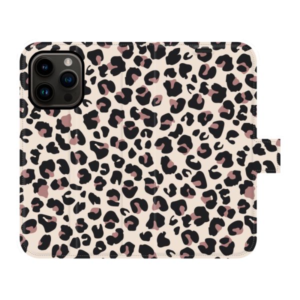 Funda cartera iPhone 14 Pro totalmente impresa con Estampado pantera - Estampado leopardo Beige Rosa
