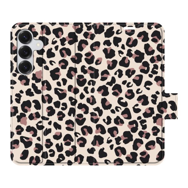 Funda cartera Samsung Galaxy S25 totalmente impresa con Estampado pantera - Estampado leopardo Beige Rosa