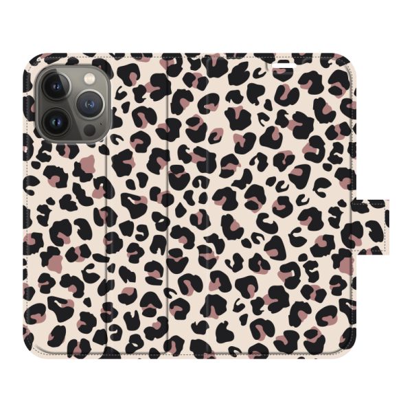 Vollständig bedrucktes iPhone 13 Pro Portemonnaie-Case mit Pantherdruck - Leopardenmuster Beige Rosa