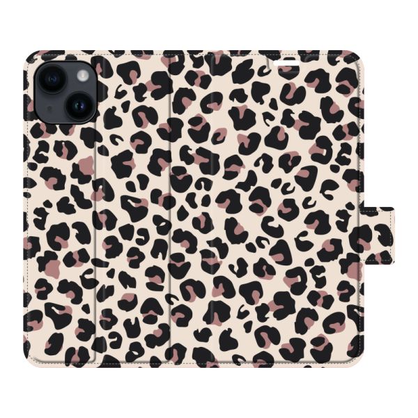 Vollständig bedrucktes iPhone 14 Portemonnaie-Case mit Pantherdruck - Leopardenmuster Beige Rosa