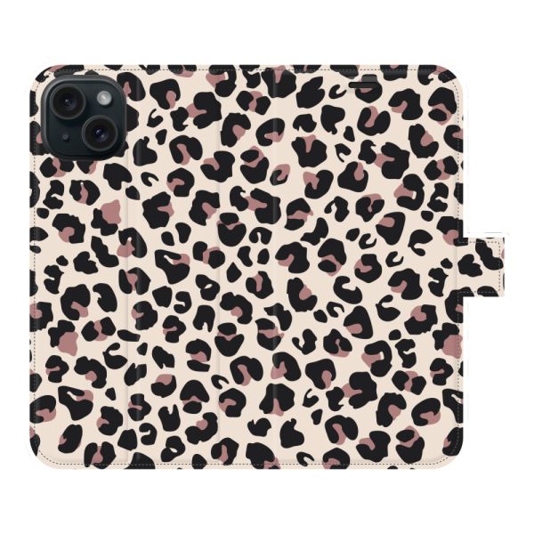 Vollständig bedrucktes iPhone 15 Plus Portemonnaie-Case mit Pantherdruck - Leopardenmuster Beige Rosa