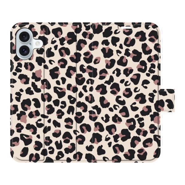 Volledig bedrukt iPhone 16 Plus portemonnee hoesje met Panterprint - Luipaardprint Beige Roze