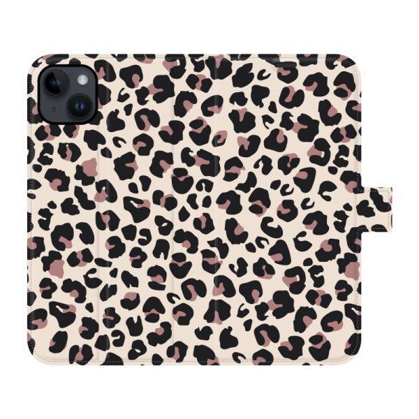 Funda cartera iPhone 14 Plus totalmente impresa con Estampado pantera - Estampado leopardo Beige Rosa