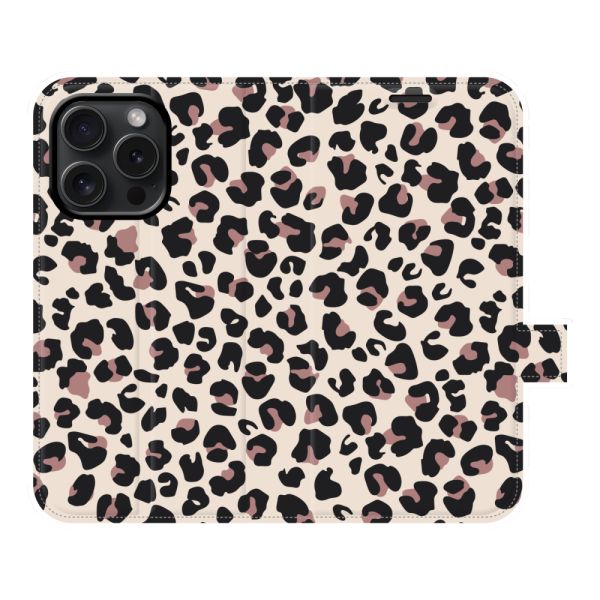 Funda cartera iPhone 15 Pro totalmente impresa con Estampado pantera - Estampado leopardo Beige Rosa