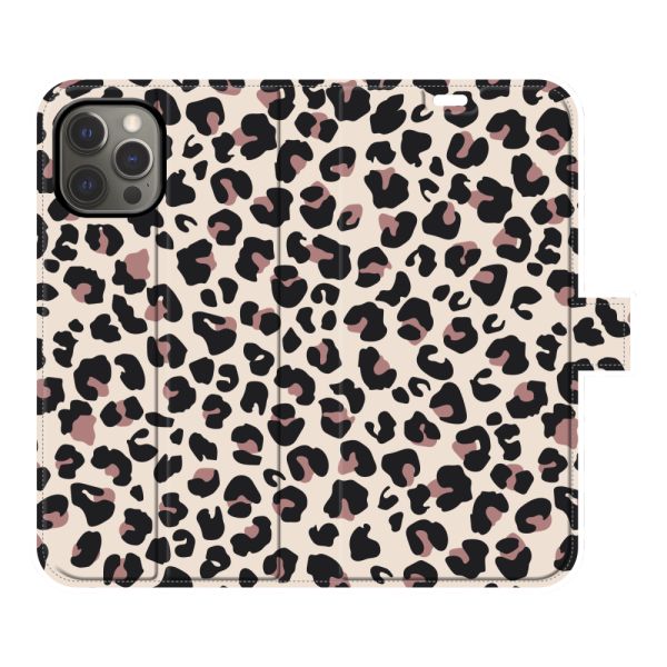 Vollständig bedrucktes iPhone 12 Pro Max Portemonnaie-Case mit Pantherdruck - Leopardenmuster Beige Rosa