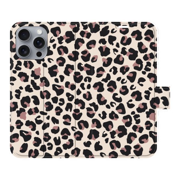 Funda cartera iPhone 16 Pro Max totalmente impresa con Estampado pantera - Estampado leopardo Beige Rosa