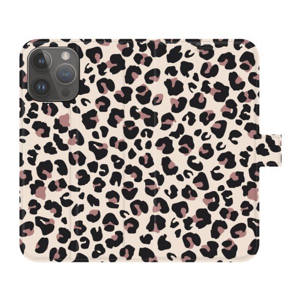 Vollständig bedrucktes iPhone 14 Pro Max Portemonnaie-Case mit Pantherdruck - Leopardenmuster Beige Rosa