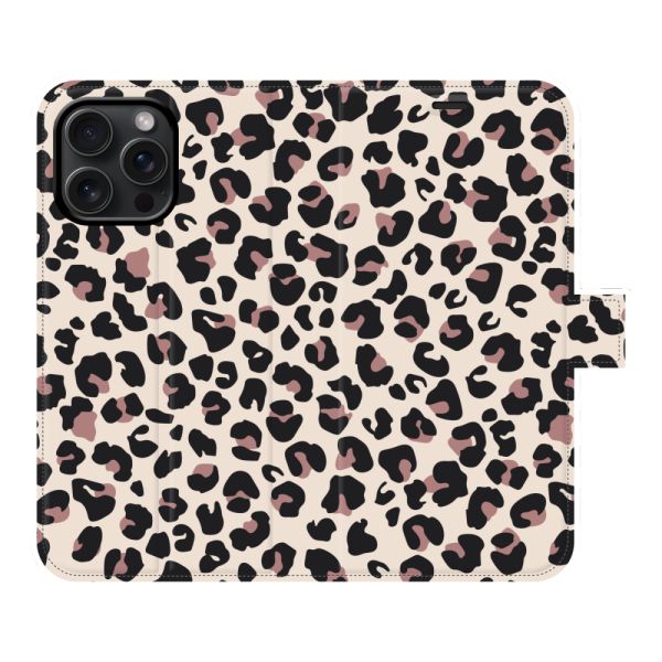 Vollständig bedrucktes iPhone 15 Pro Max Portemonnaie-Case mit Pantherdruck - Leopardenmuster Beige Rosa