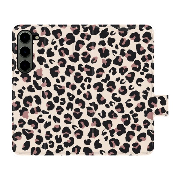 Volledig bedrukt Samsung Galaxy S23 portemonnee hoesje met Panterprint - Luipaardprint Beige Roze