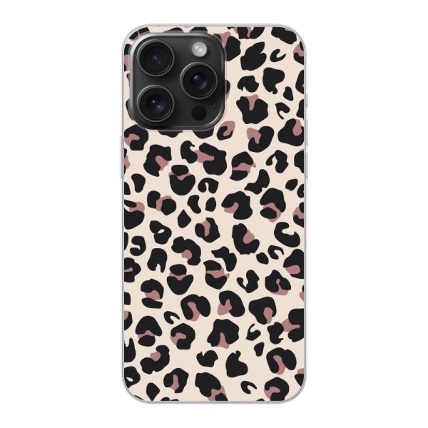 Funda iPhone 15 Pro Max flexible transparente con estampado de pantera – leopardo beige