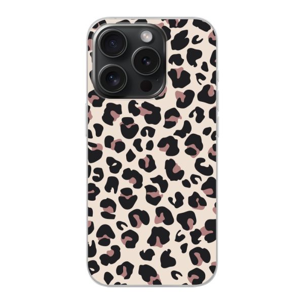 Funda iPhone 15 Pro flexible transparente con estampado de pantera – leopardo beige