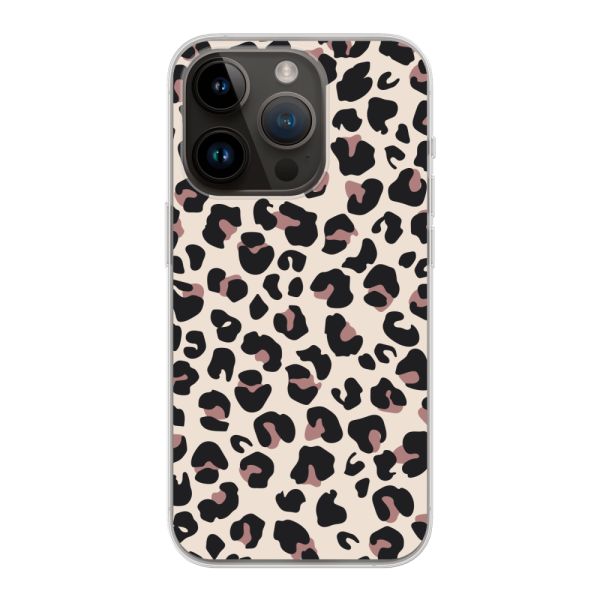 Funda iPhone 14 Pro flexible transparente con estampado de pantera – leopardo beige