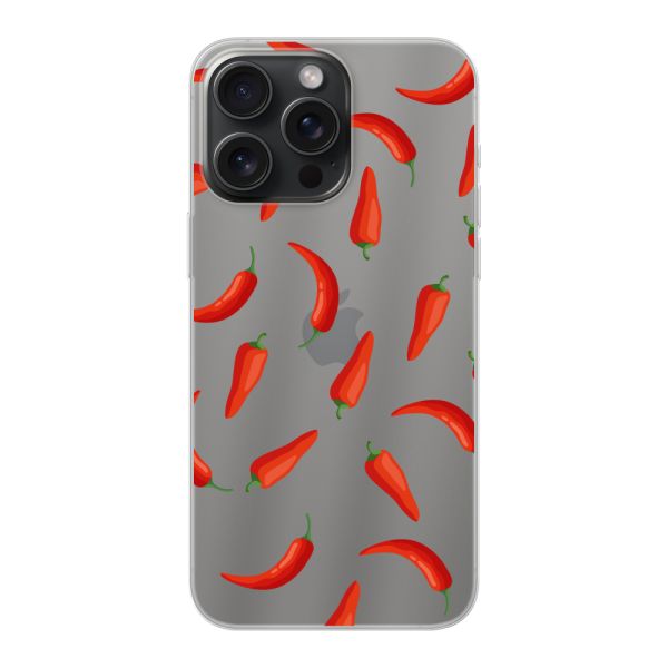 Funda iPhone 15 Pro Max flexible transparente con Chiles Rojos - Patrón Transparente Chili Pepper