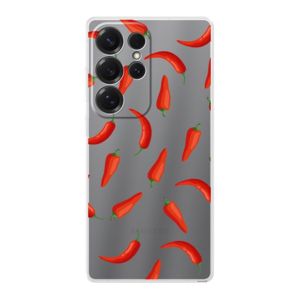Funda Samsung Galaxy S25 Ultra flexible transparente con Chiles Rojos - Patrón Transparente Chili Pepper
