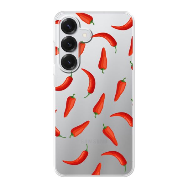 Funda Samsung Galaxy S25 flexible transparente con Chiles Rojos - Patrón Transparente Chili Pepper