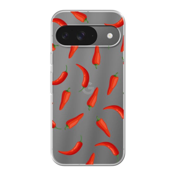 Funda Google Pixel 9 flexible transparente con Chiles Rojos - Patrón Transparente Chili Pepper